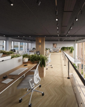 Moderne en groene kantoorbovenverdieping aan het George Gershwinplein met werkplekken, bureaustoelen en planten.